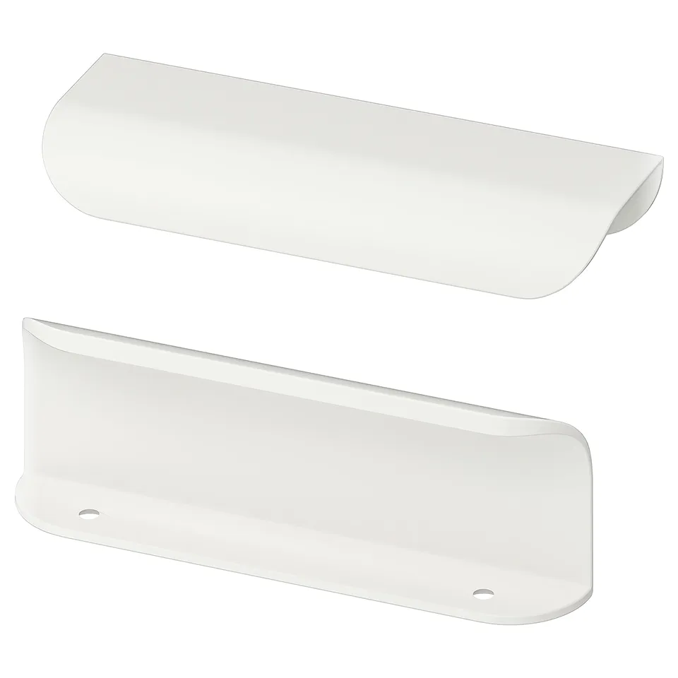Two white, minimalist, rectangular handle covers with subtle design, placed side by side.