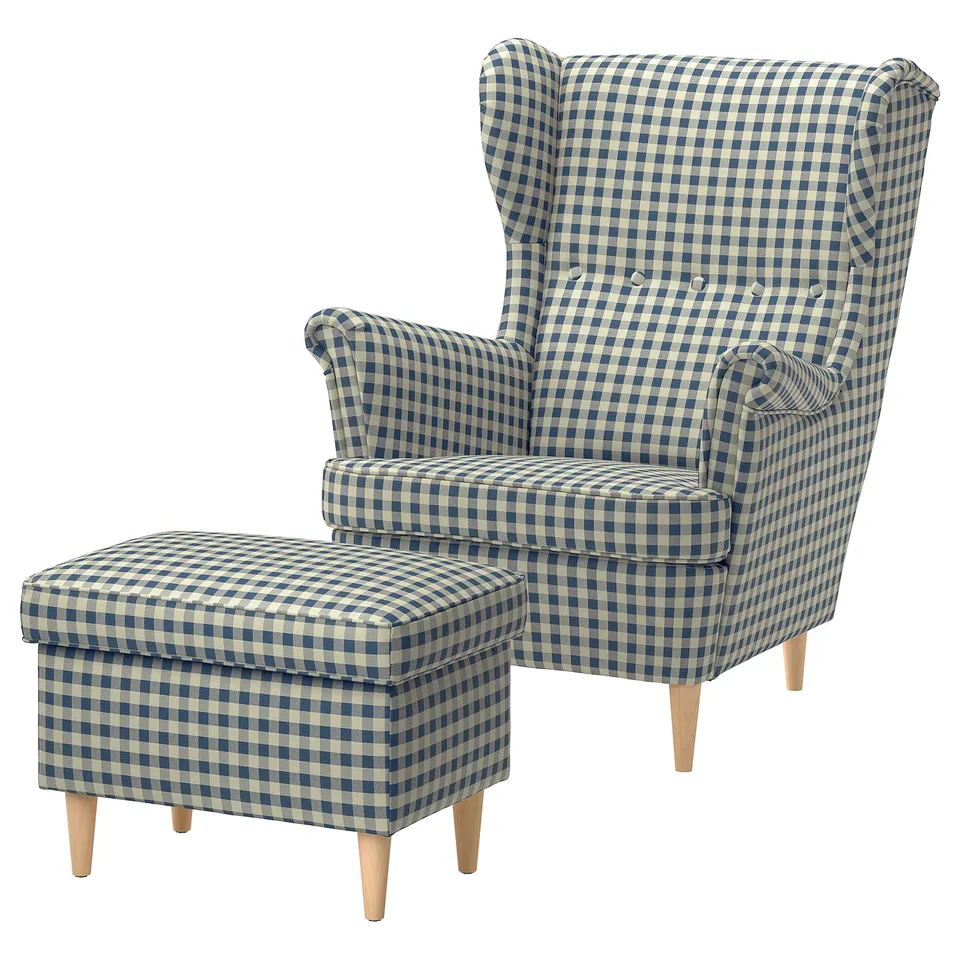 Blue & white chequered wing chair with matching footstool, wooden legs, cosy vintage design.