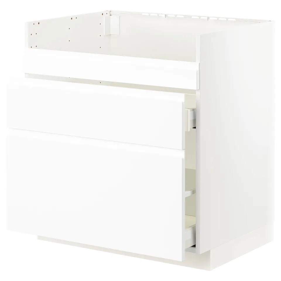 White METOD kitchen unit, modern minimalist design, multiple storage sections.