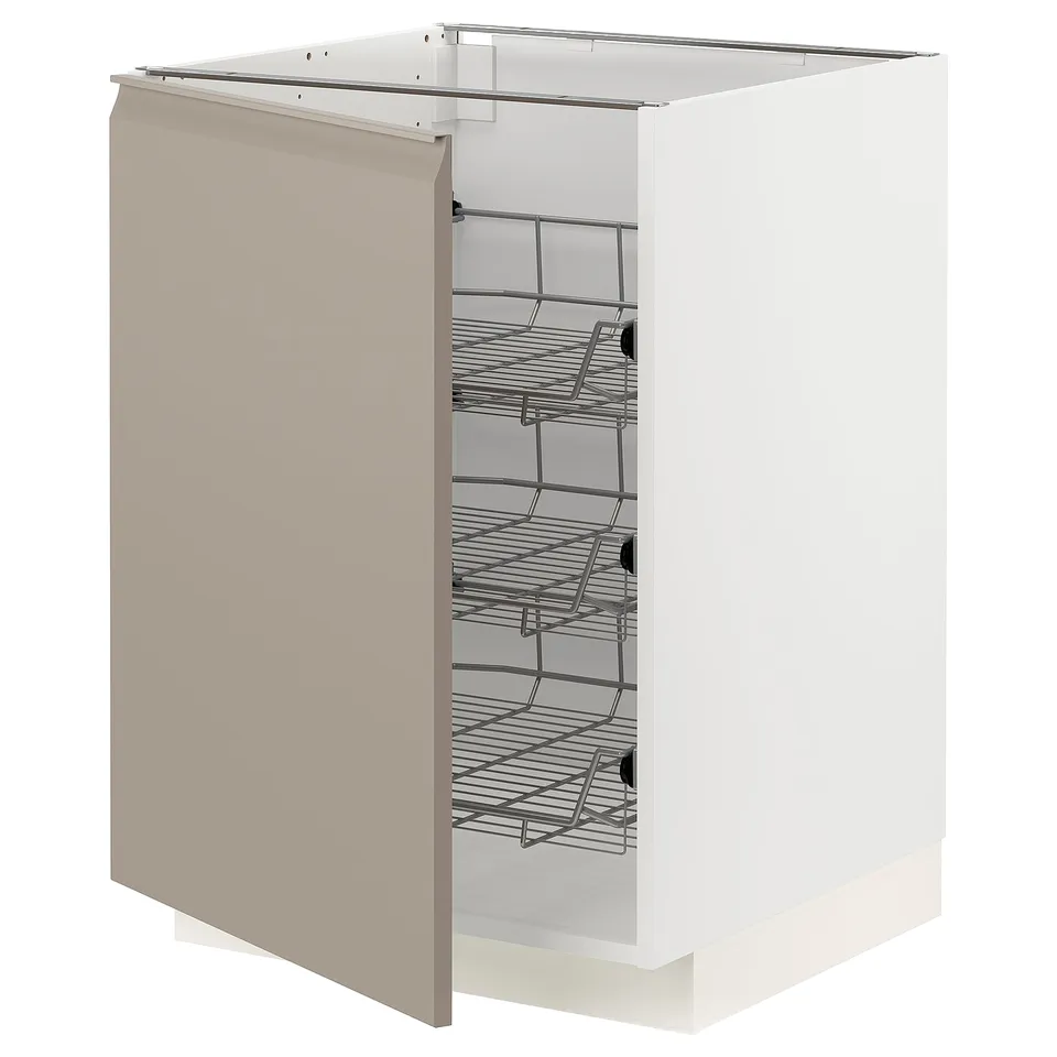 A white cabinet from IKEAs METOD kitchen system with beige doors and wire shelves.