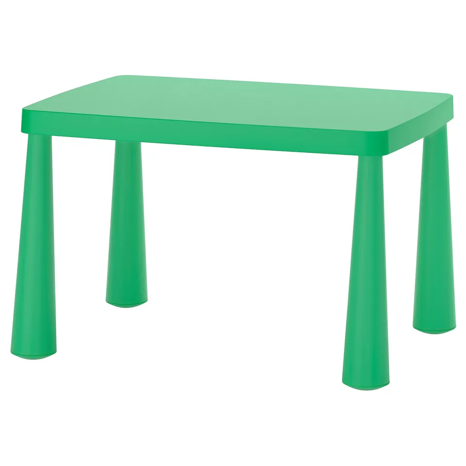 Bright green MAMMUT childrens table. Four cone-shaped legs. Square top. Plastic material. Strong, lightweight design.
