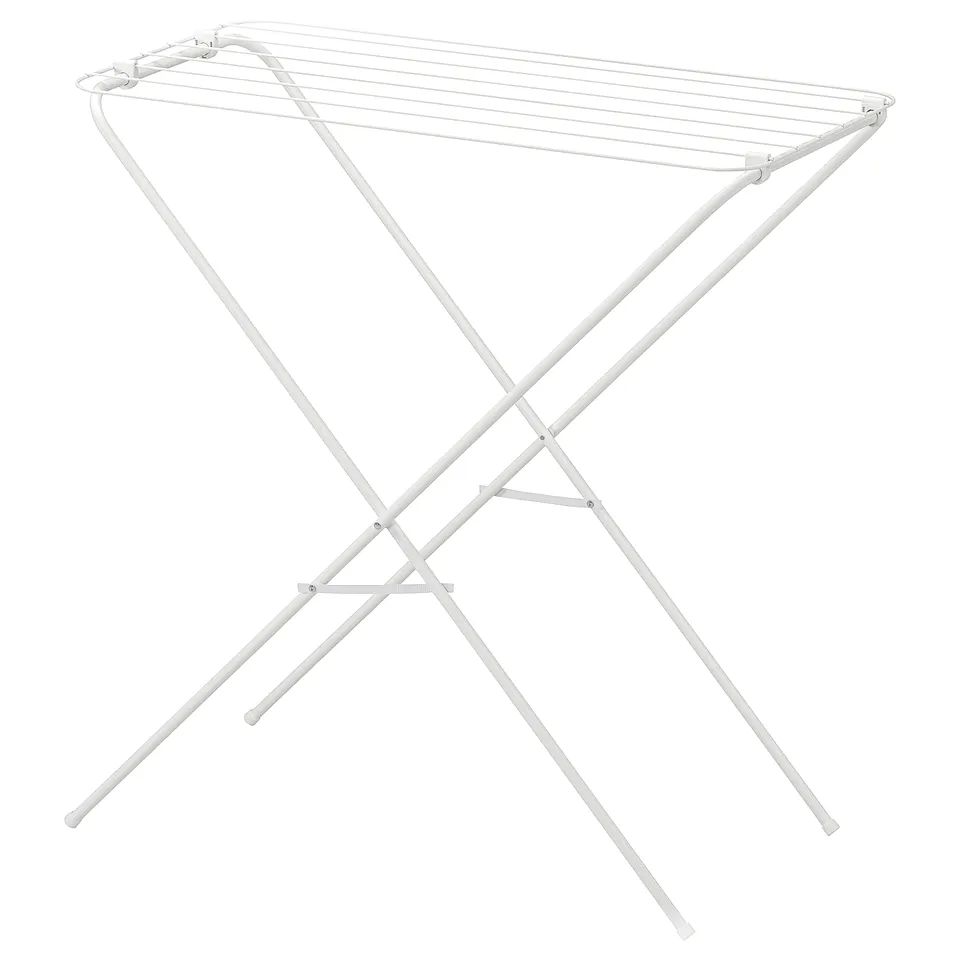 A jall white metal drying rack. Its foldable, suitable for indoor/outdoor use, designed to save space and gentle on clothes.