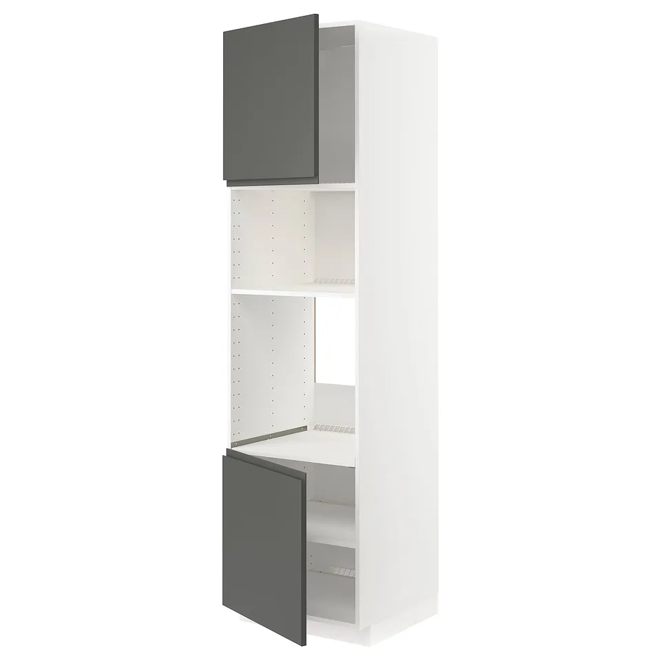 Modern white kitchen unit with dark grey doors, open design, adjustable shelves.