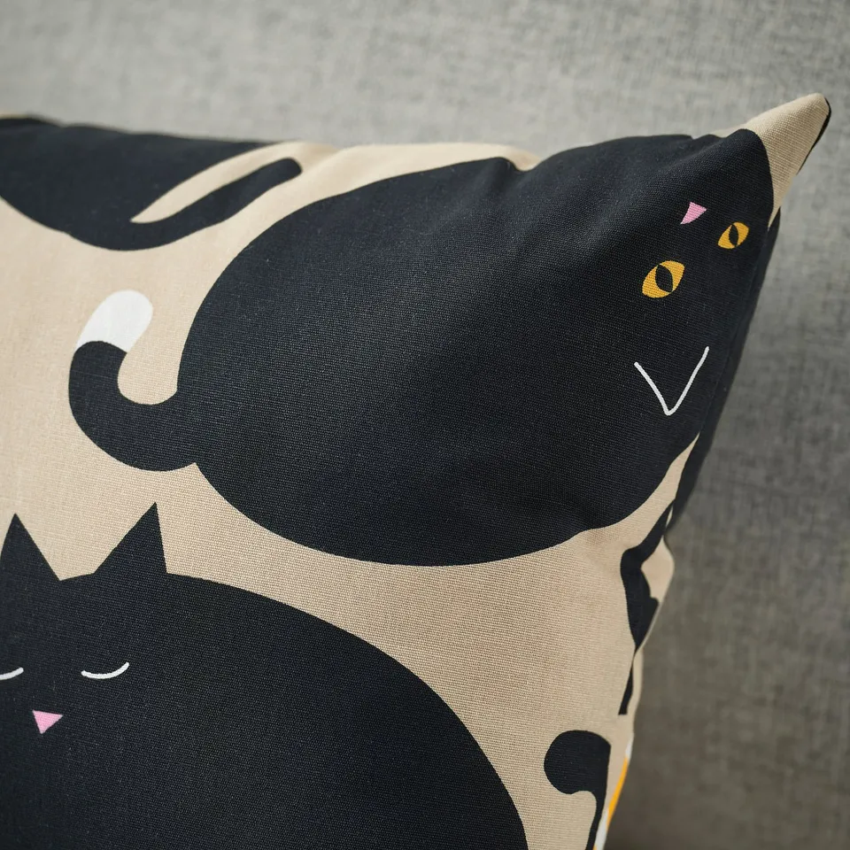SANDMOTT Cushion, beige black/cat pattern, 35x50 cm