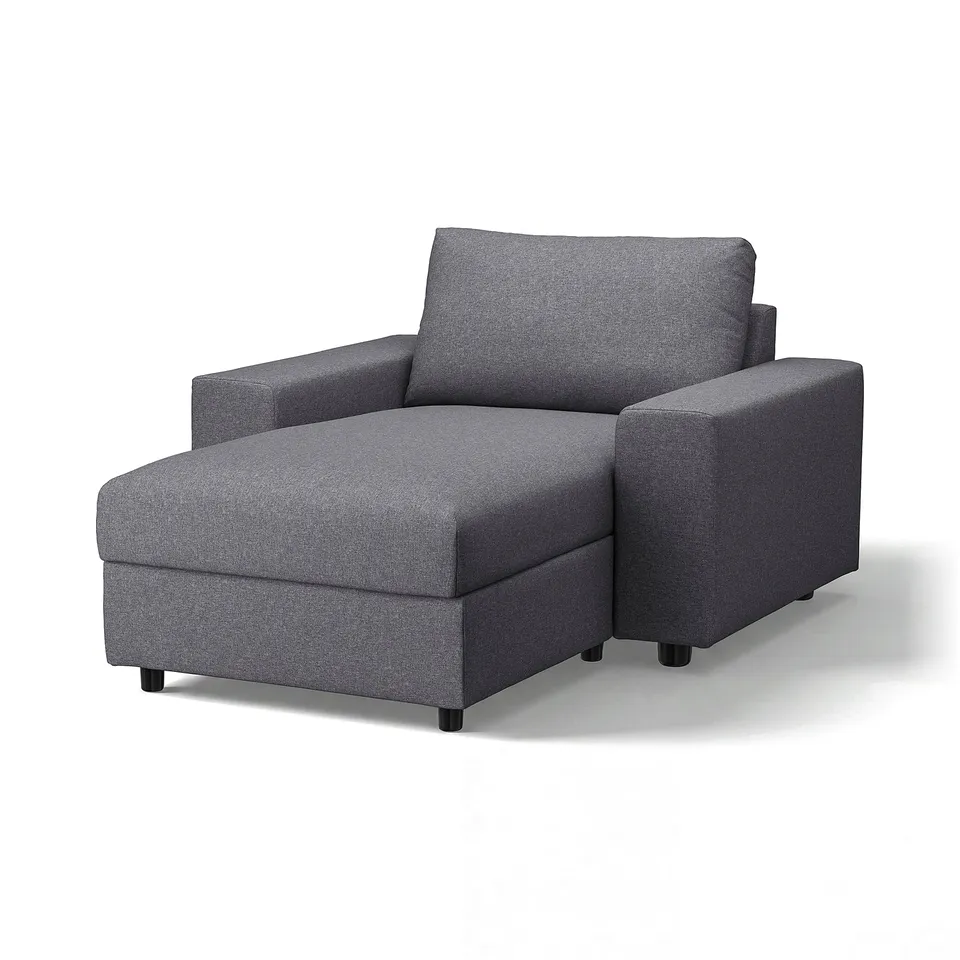 Modern grey fabric sectional sofa with black legs.