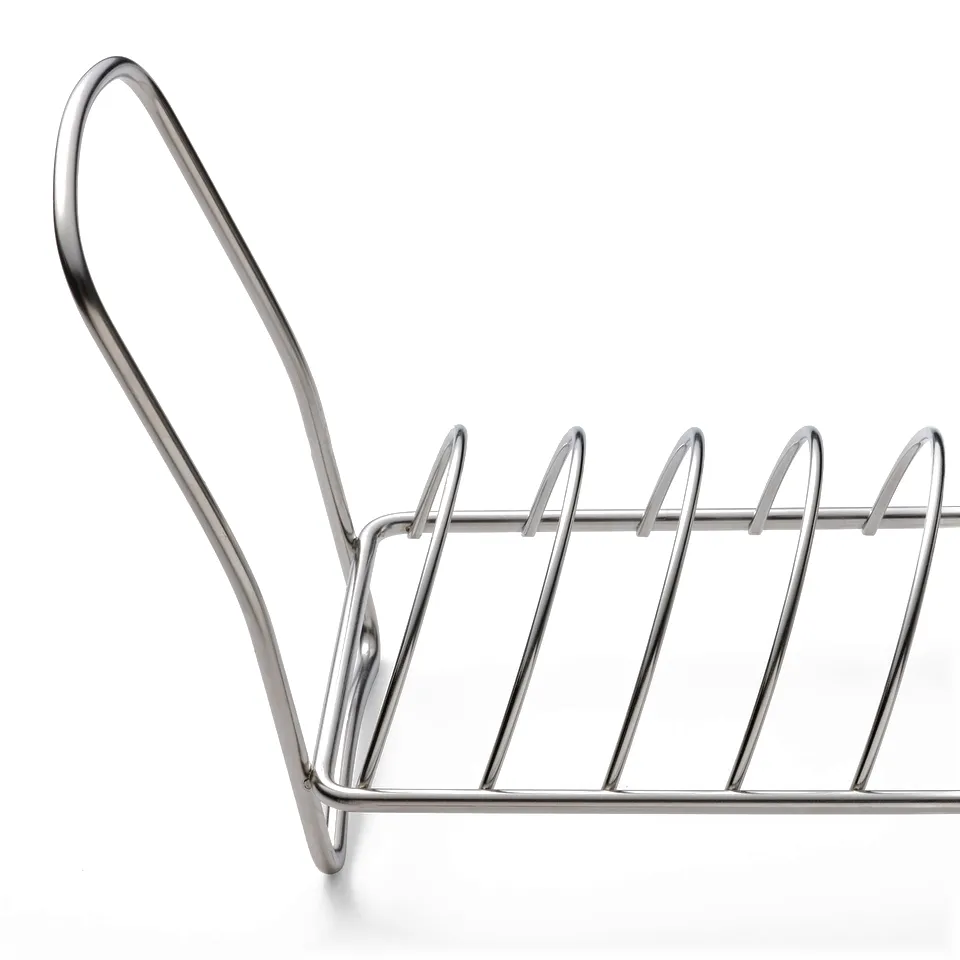 Stainless steel dish rack with curved handle, designed for air-drying dishes.
