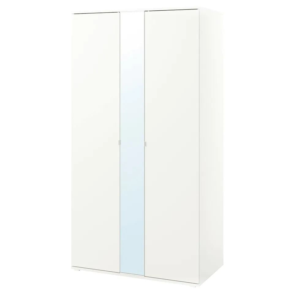 White VIHALS wardrobe, tall with mirrored doors, rectangular shape, modern minimalist design, perfect for compact spaces.