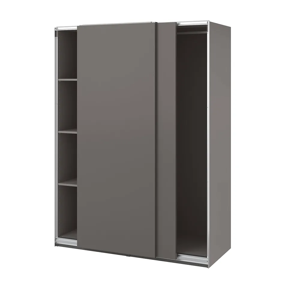 Tenstar wardrobe: grey sliding doors, metal rail, particleboard frame, minimalist design.