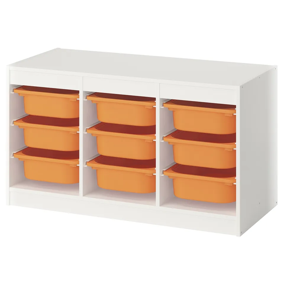 White TROFAST unit with orange bins, kid-friendly.