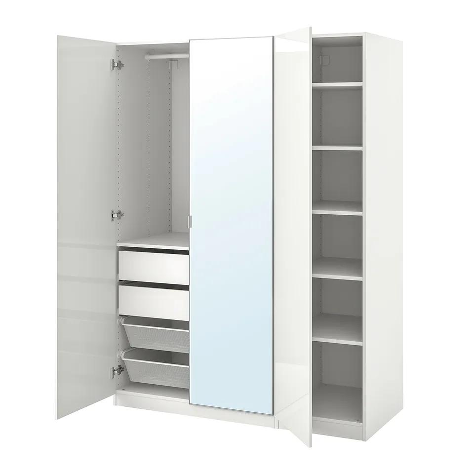 White PAX wardrobe with mirrored doors, open showing storage shelves, drawers, and mesh basket, modern and functional design.