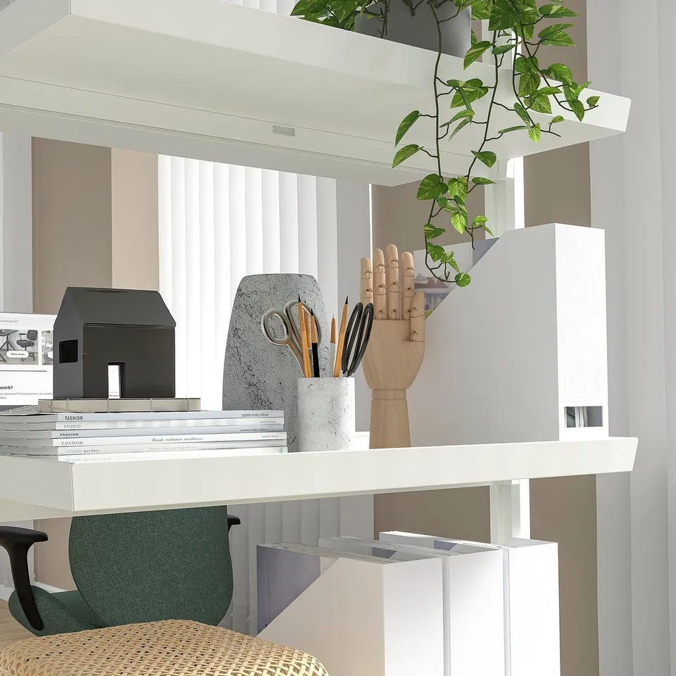 Office shelf unit, displaying books, a wooden hand with art supplies, and a house-shaped storage box. The unit is mobile with lockable castors.