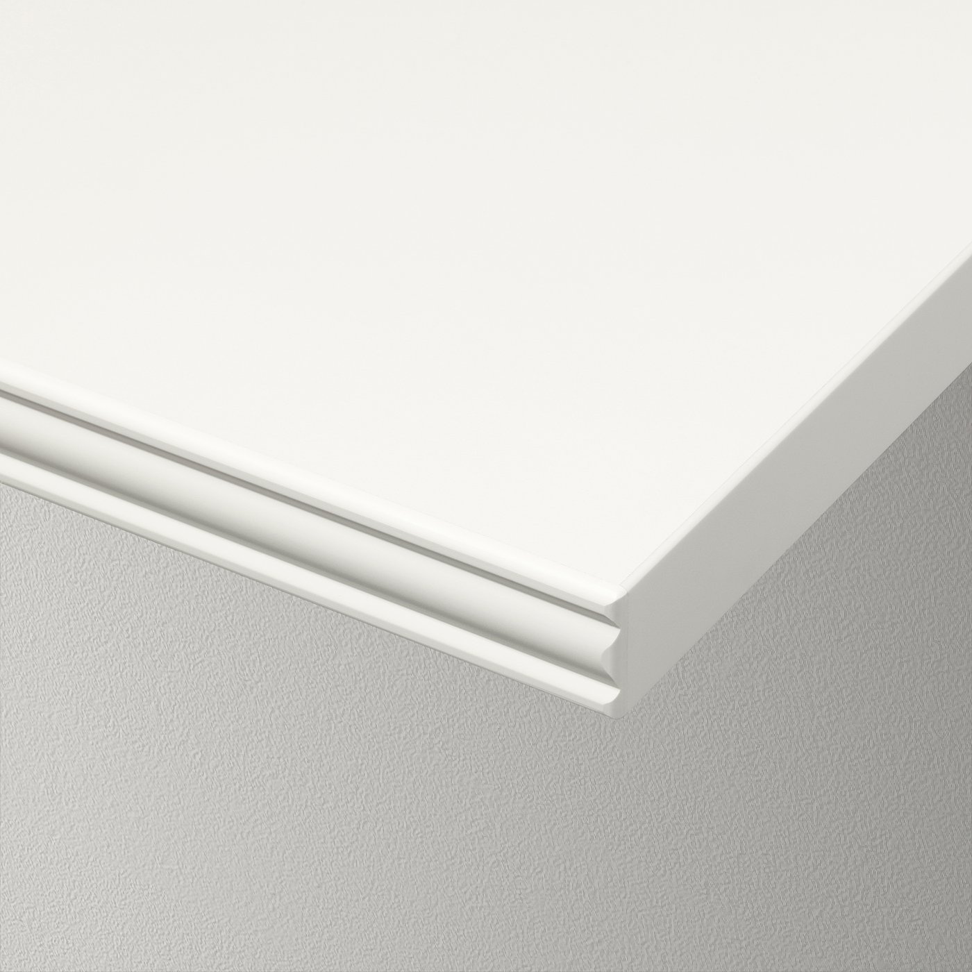 Minimalist wall shelf corner, smooth finish, high-quality edge detail.