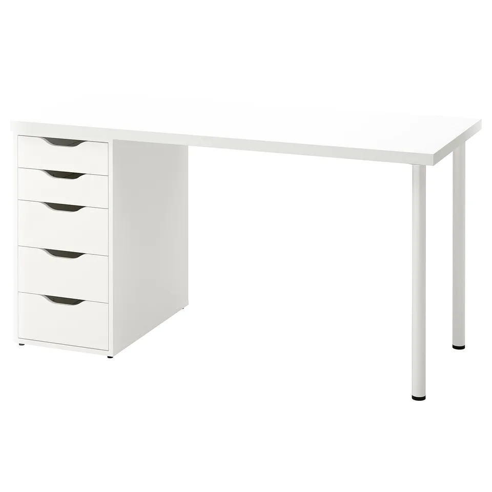 A white LAGKAPTEN desk with a rectangular shape and five drawers. The desk has a simple, modern design with a smooth surface and metallic legs.