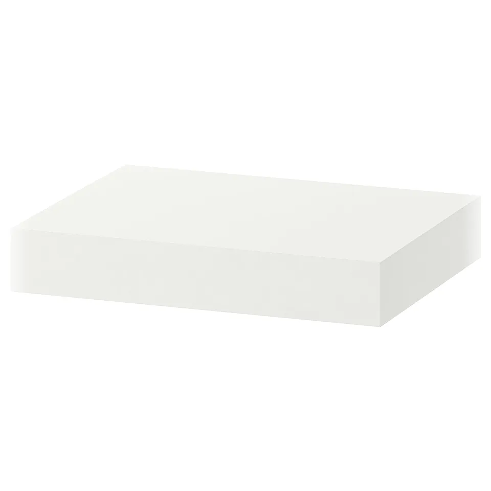 A minimalist white wall shelf, rectangular shape, with clean edges. Ideal for modern decor, enhancing storage space.