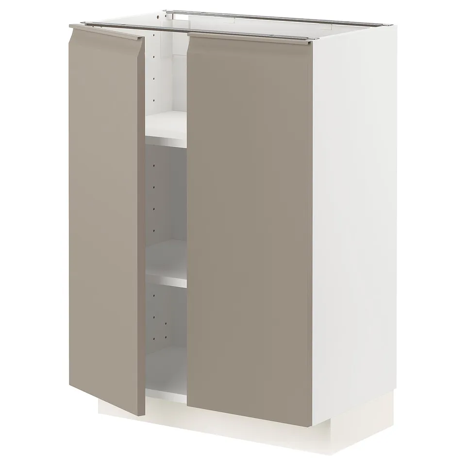 A modern, beige ikea METOD kitchen cabinet with one door open, revealing an adjustable shelf inside.