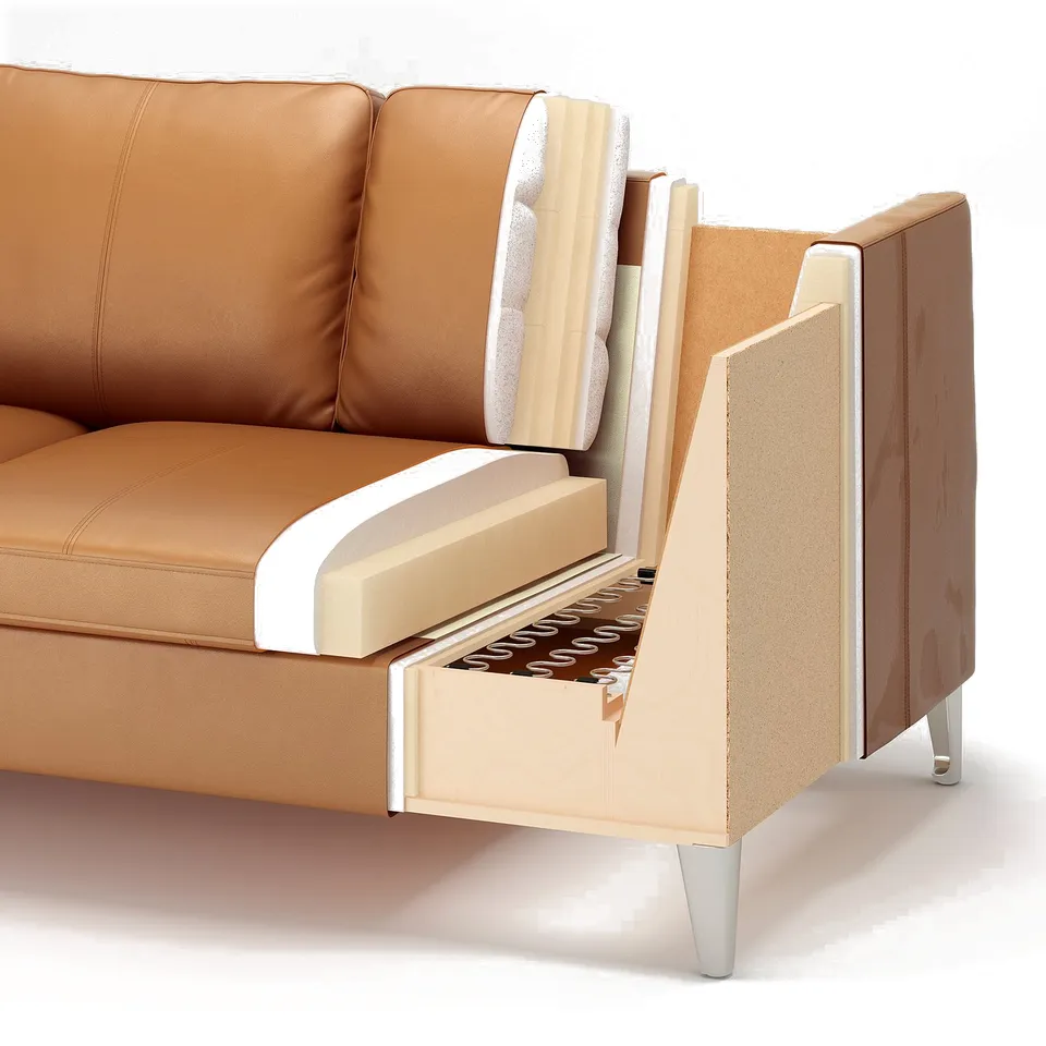 Cut-away sofa showing layers: leather exterior, foam seat, zigzag springs, particleboard frame.