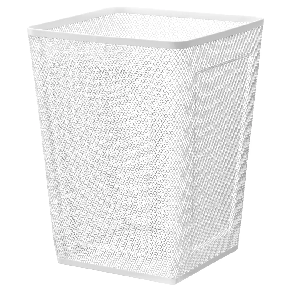 White wire wastebin, square shape, metal mesh design, sturdy, with felt base protectors.