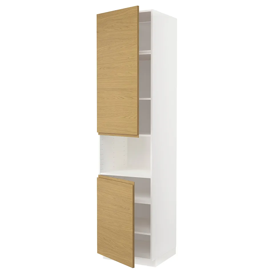 METOD kitchen unit: white & oak, tall, 3 shelves, minimalist.