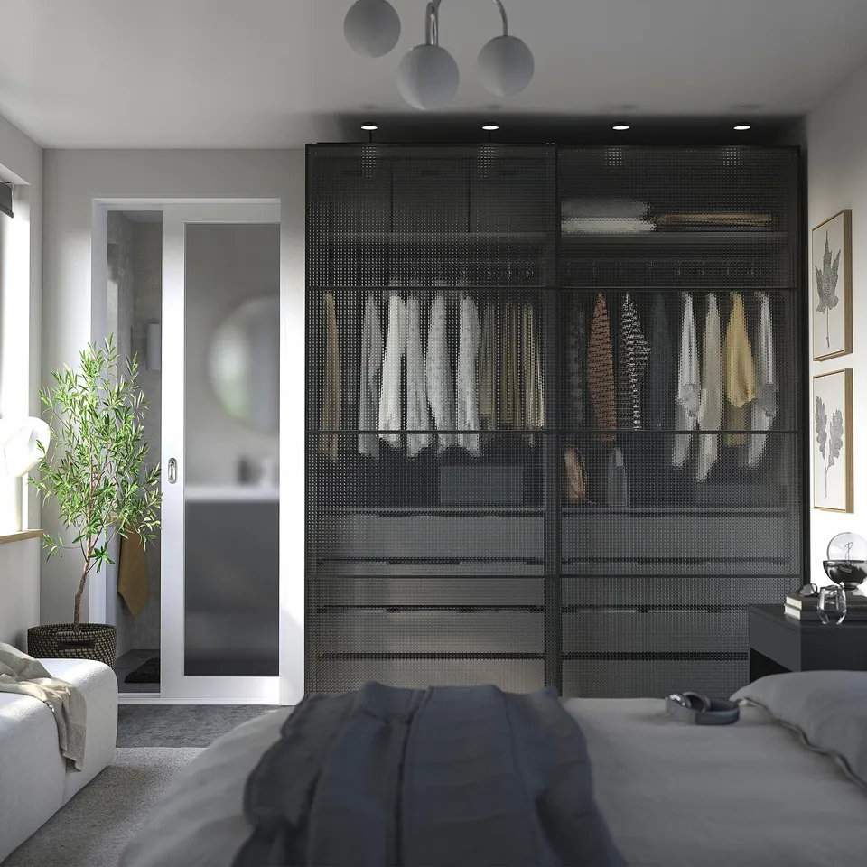 PAX / LUNDBRÄSMA Wardrobe with sliding doors, dark grey black/checkered glass, 200x66x236 cm