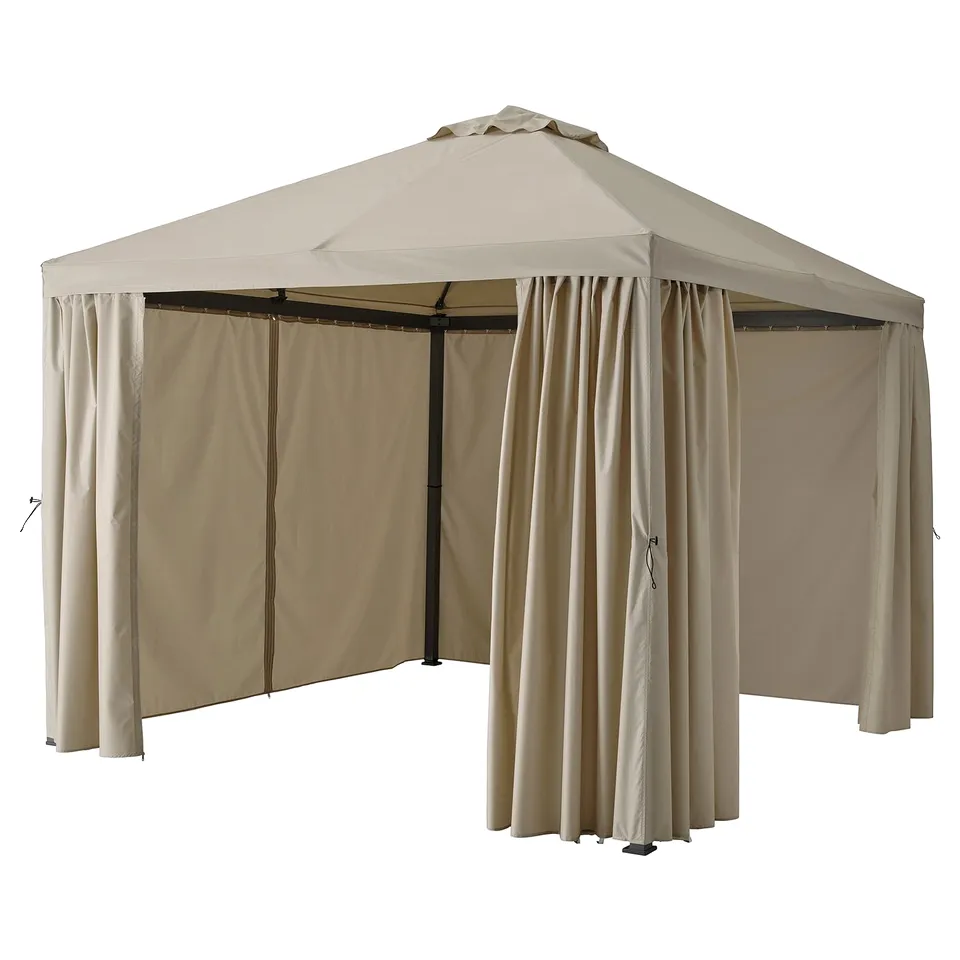 HIMMELSÖ gazebo, tan, sturdy, rectangular, curved roof, privacy curtains.