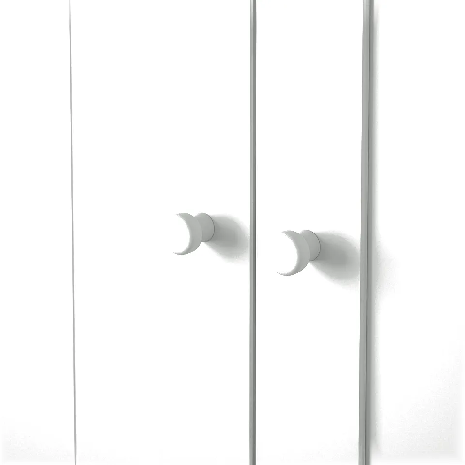 Two sleek white cabinet doors with round, brushed metal knobs, one on each door, positioned near the centre.