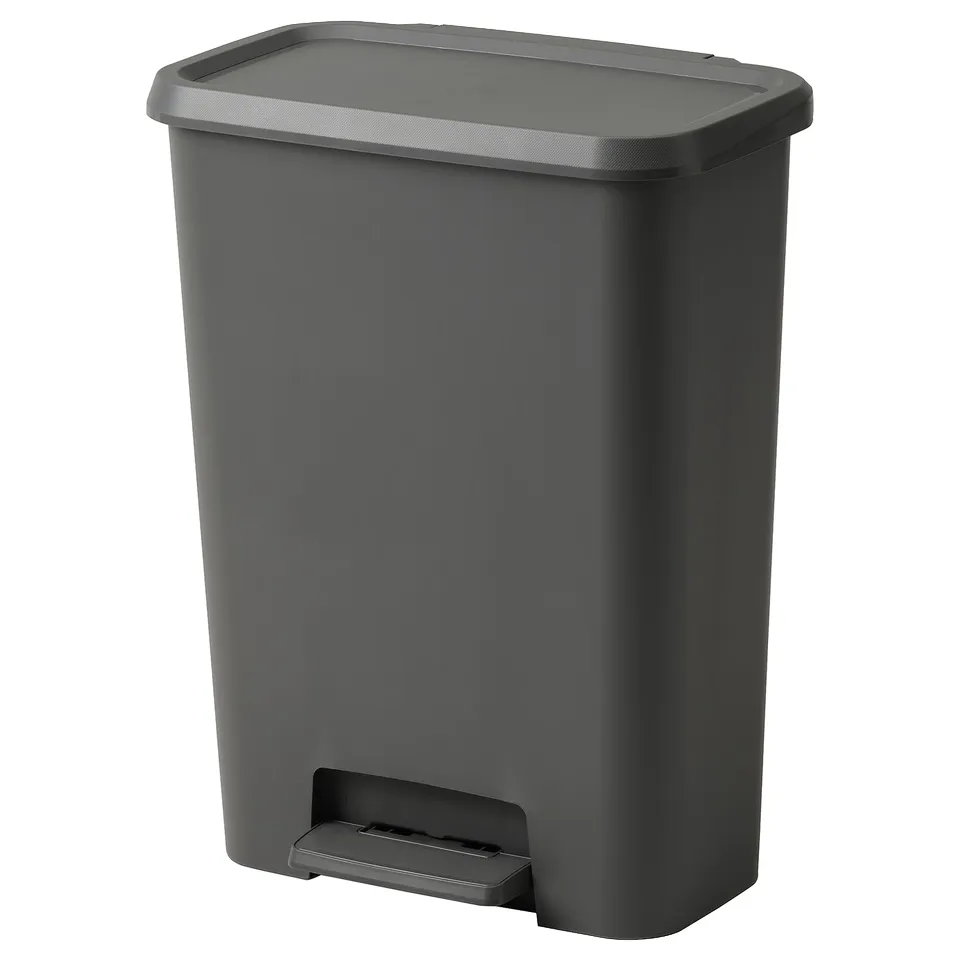 A grey KNÖCKLA plastic pedal bin with a soft-close lid, designed for efficient waste disposal and sorting.