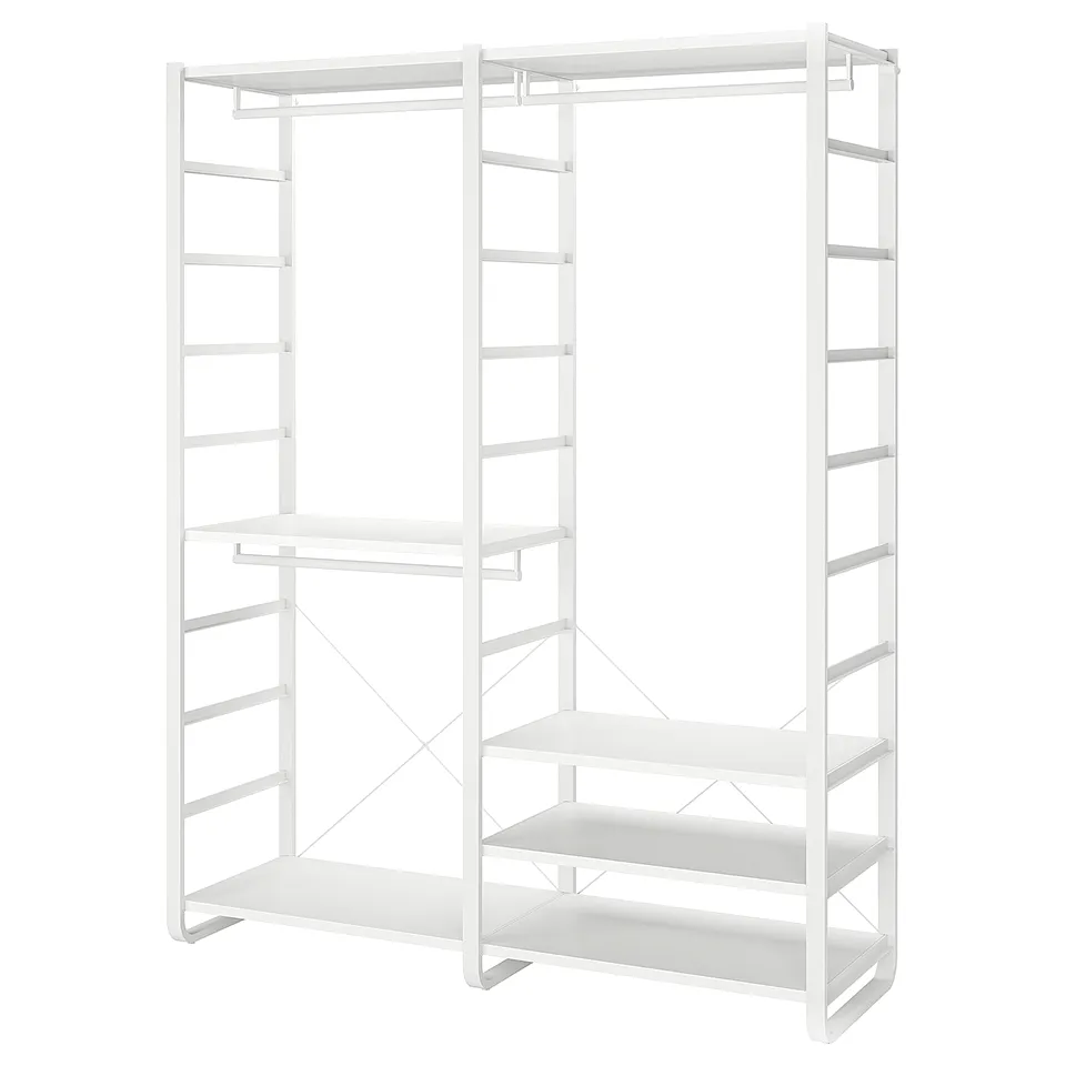 A white ELVARLI modular storage unit with multiple shelves and hanging areas.