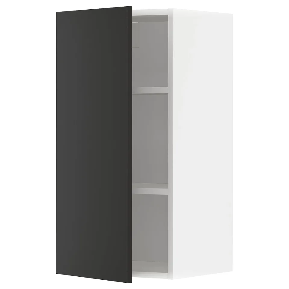 Modern kitchen cabinet: METOD, matte black nickebo doors, square shape, 2 shelves, adjustable.