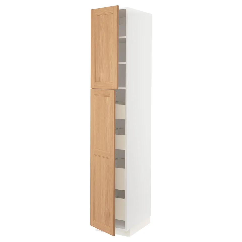 METOD kitchen cabinet: white and oak, tall, rectangular, two hinged doors revealing adjustable shelves.