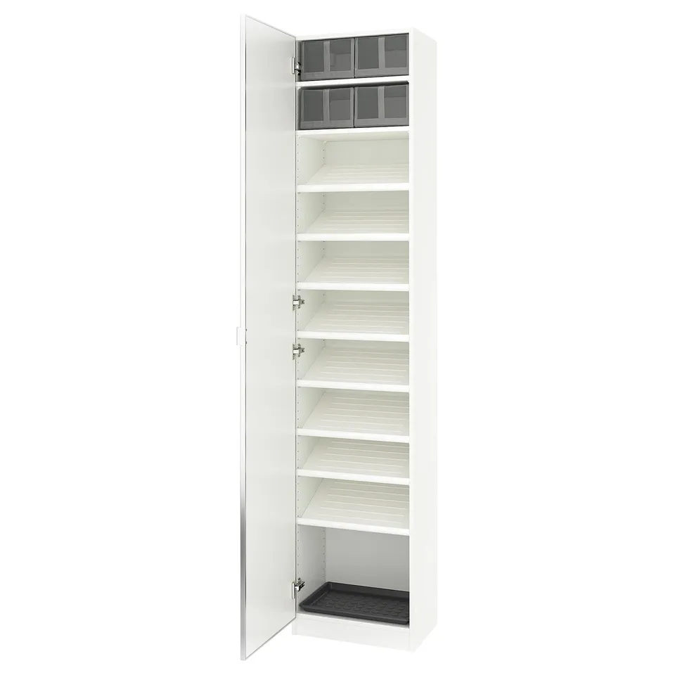 A white PAX wardrobe with mirrored doors and adjustable shelves.