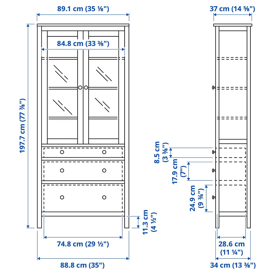 Illustration with measurements for the product: HEMNES.