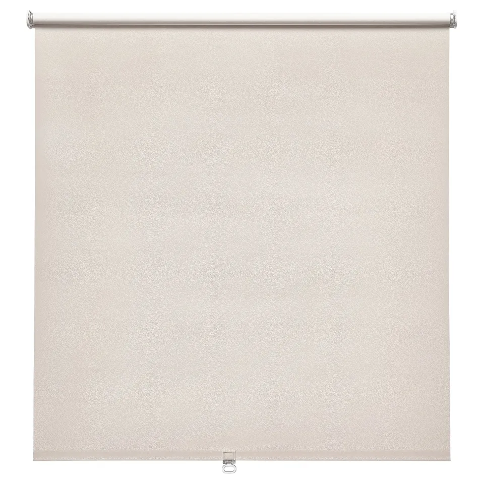 FÖNSTERBLAD roller blind, beige, smooth, cordless, block-out, soft polyester, round pattern.