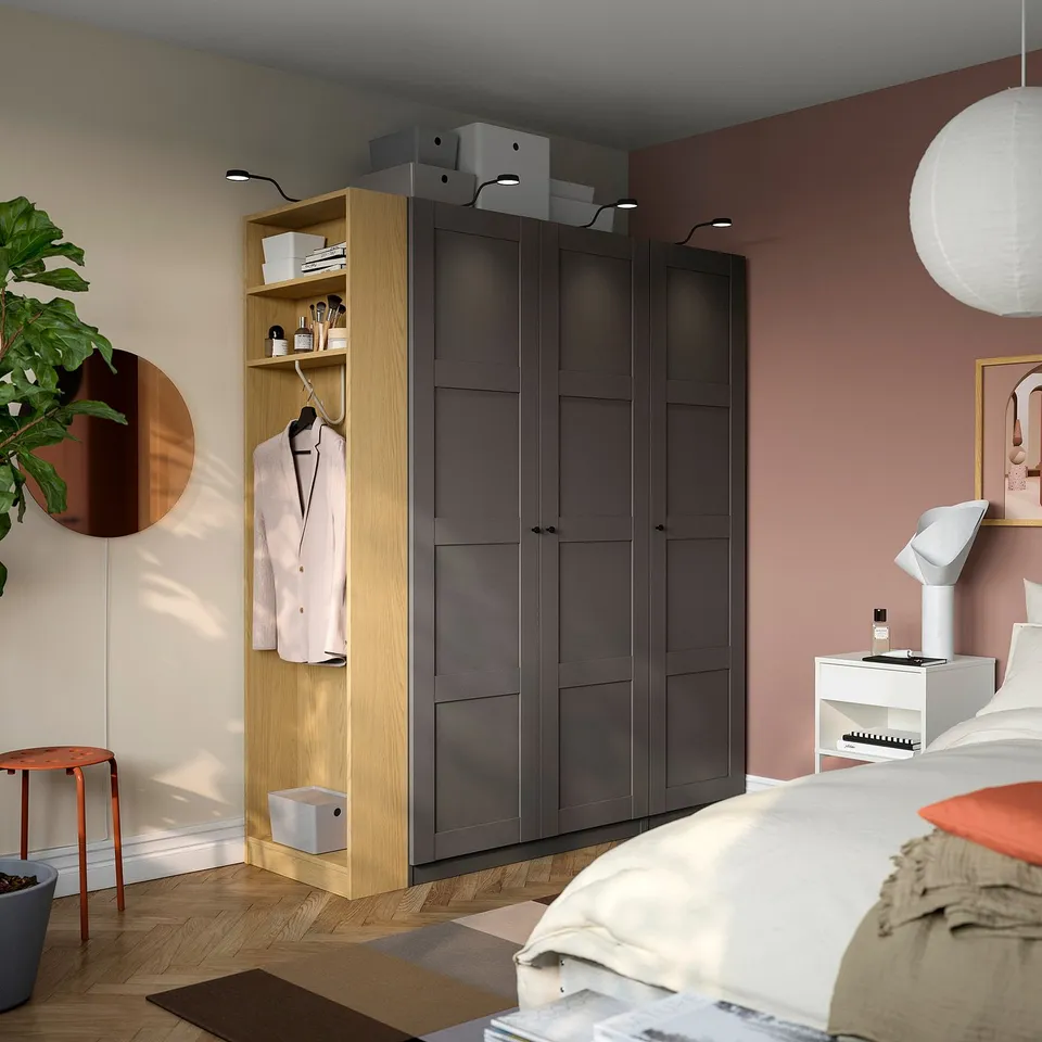PAX / BERGSBO Wardrobe combination, dark grey dark grey/oak effect, 170x60x201 cm