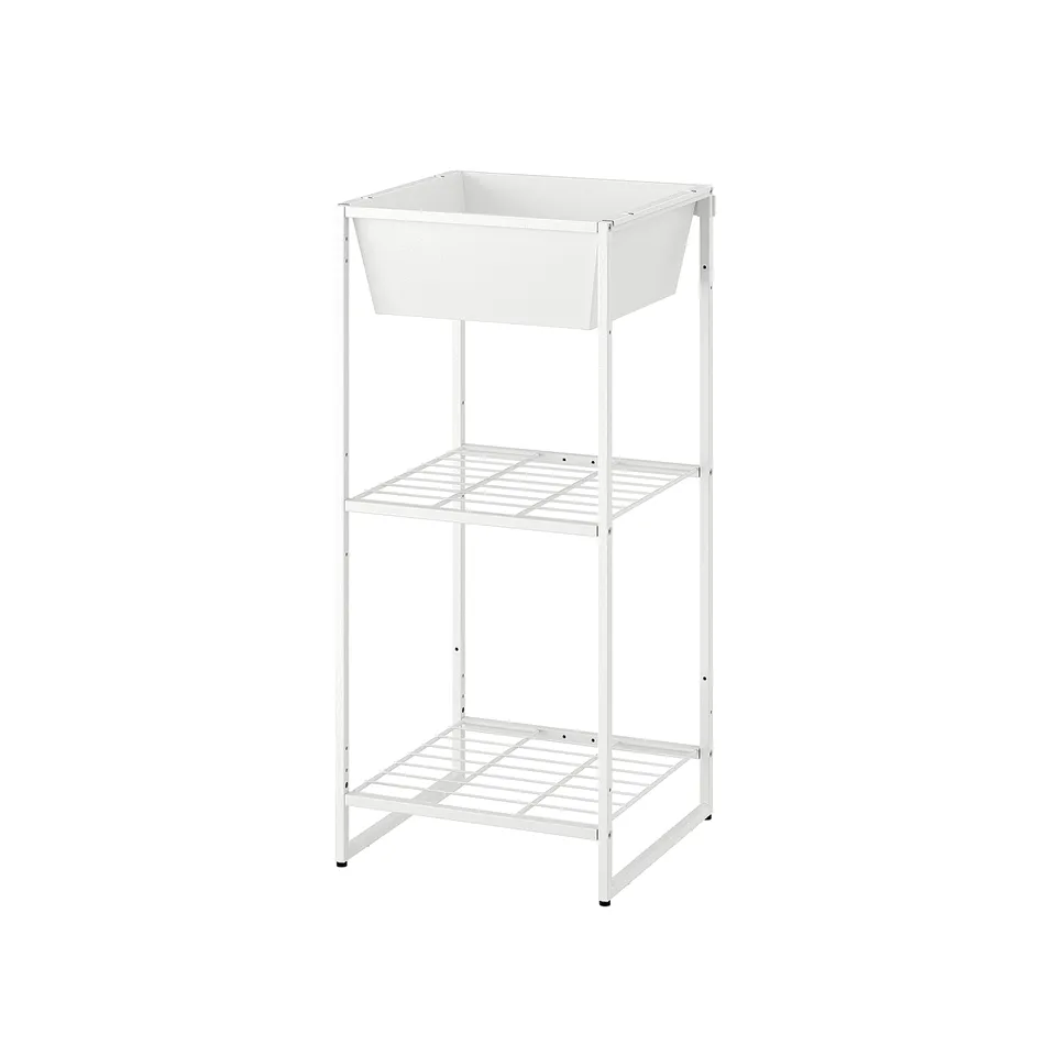 A white JOSTEIN storage unit with a powder-coated steel frame and galvanised steel container, designed for indoor and outdoor use.
