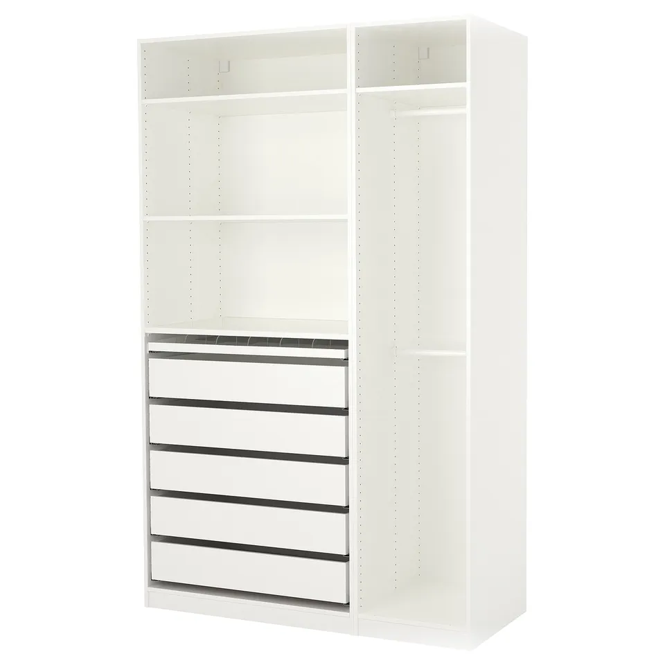 A white ikea PAX wardrobe with drawers and shelves.