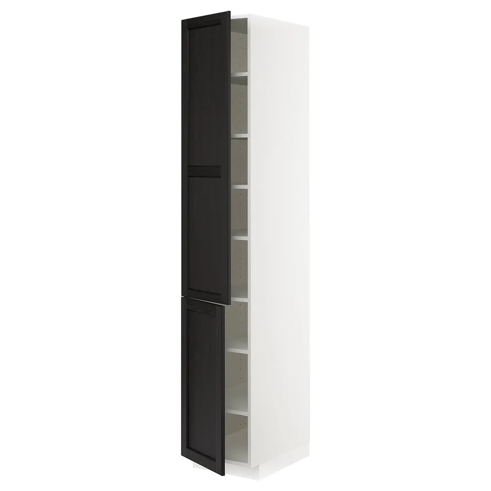 METOD kitchen cabinet - white with black doors, bevelled edges, adjustable shelves.