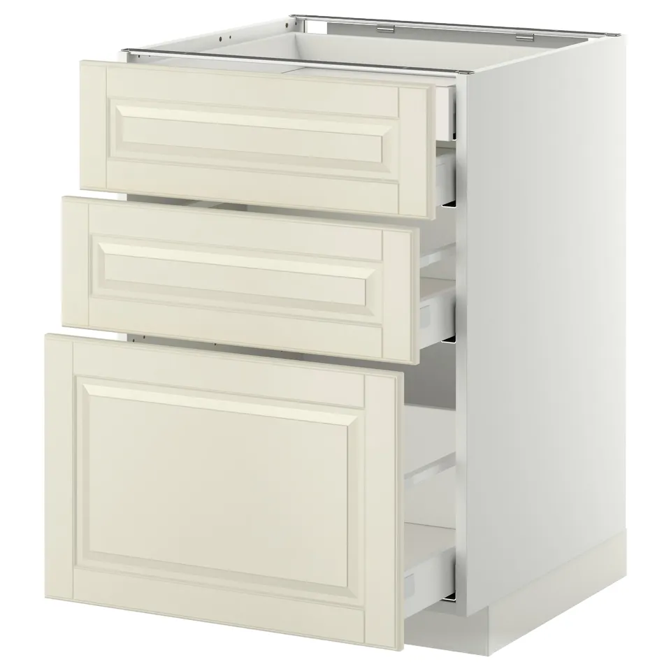 White METOD kitchen cabinet with 3 off-white bevelled drawers.