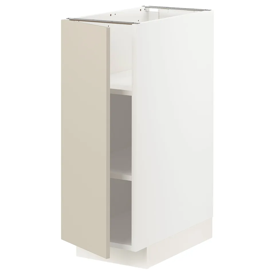 A white METOD base kitchen cabinet with beige door, rectangular shape, and clean design.