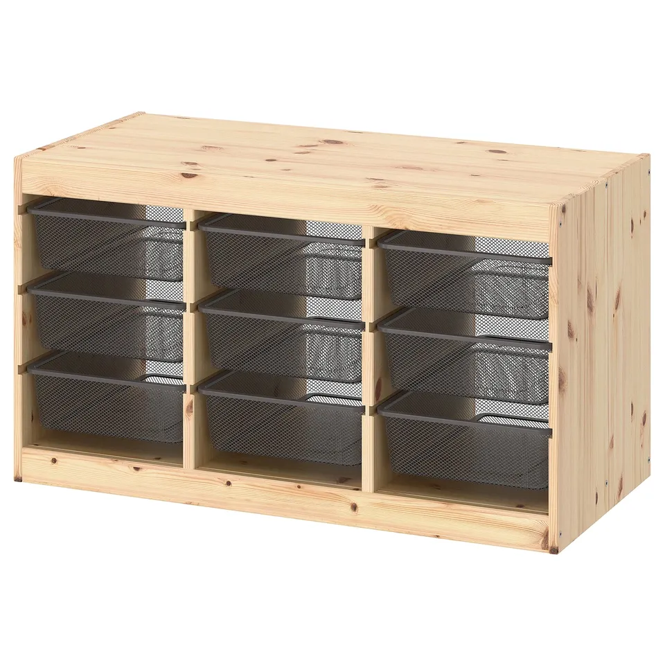 TROFAST storage unit, natural wood, grey mesh boxes, rectangular, open shelves.