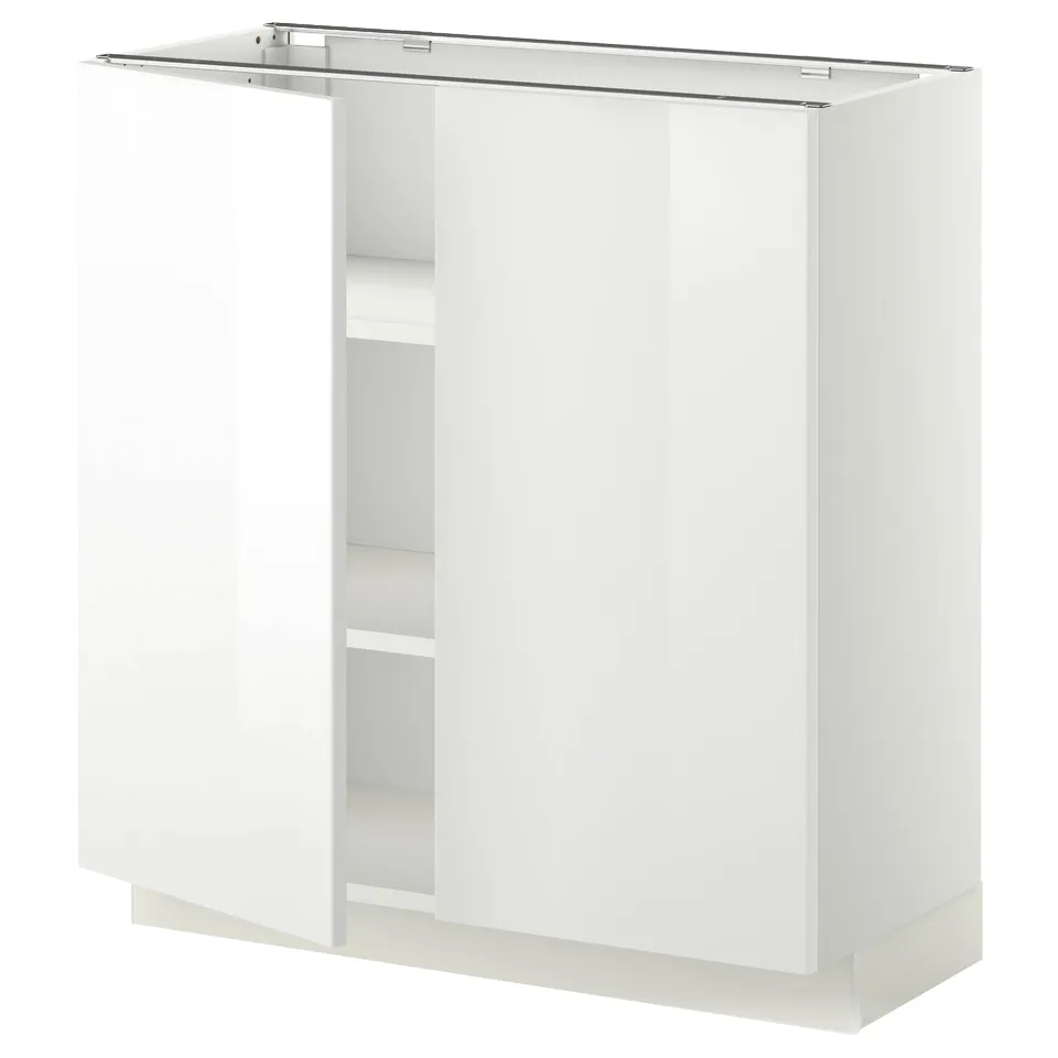 White METOD kitchen unit with glossy doors, modern design, stainless steel handles.