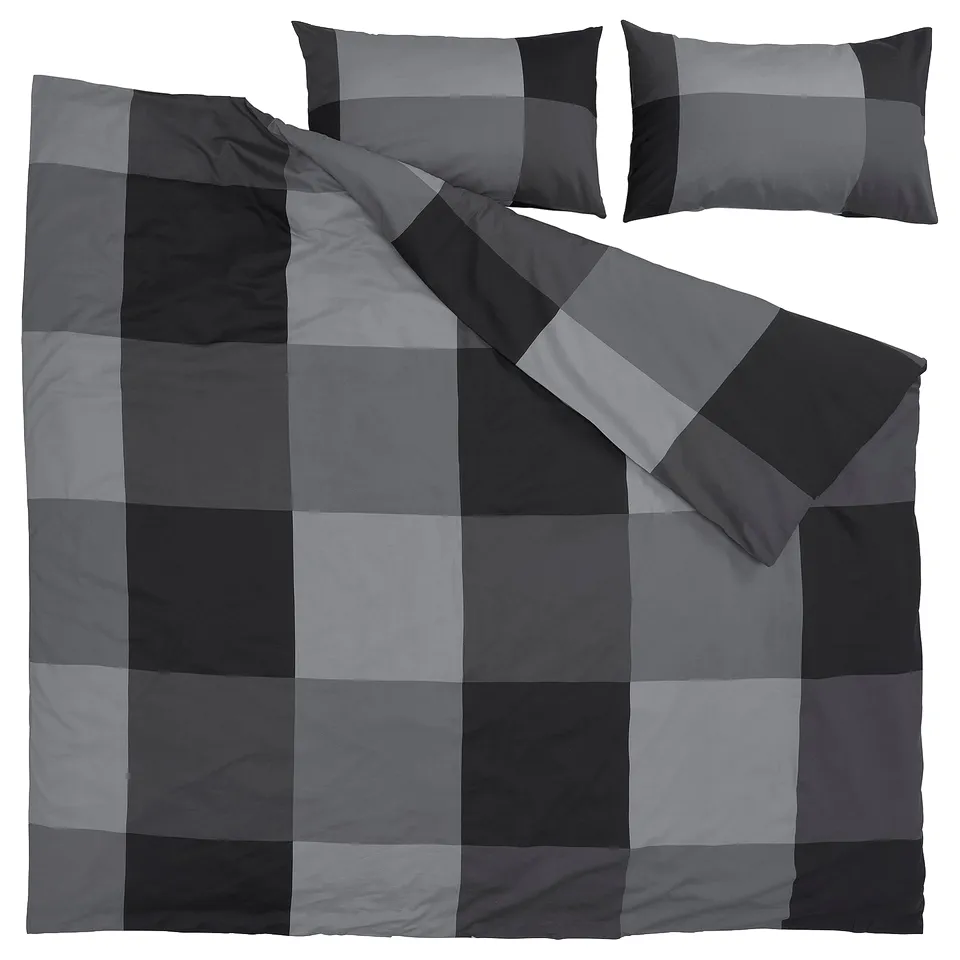 A BRUNKRISSLA grey duvet cover with matching pillowcases, featuring a square check pattern. Made from 54% cotton and 46% viscose.