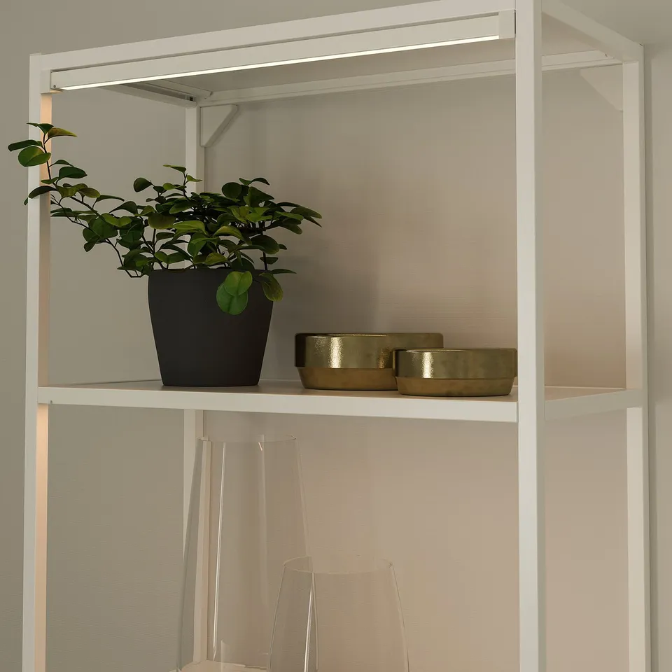 White shelf with plant and bowls, lit from above