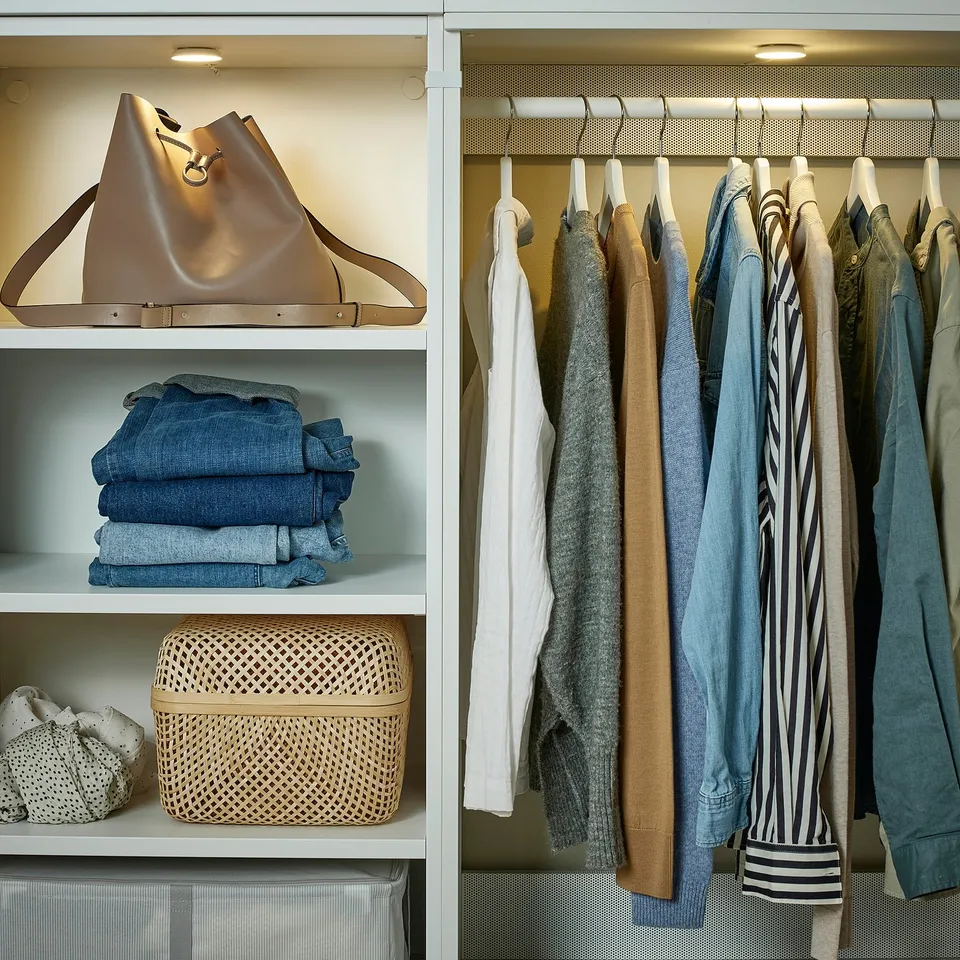 Organised closet with clothes on hangers, folded jeans, a large tan bag, and built-in lights illuminating shelves.