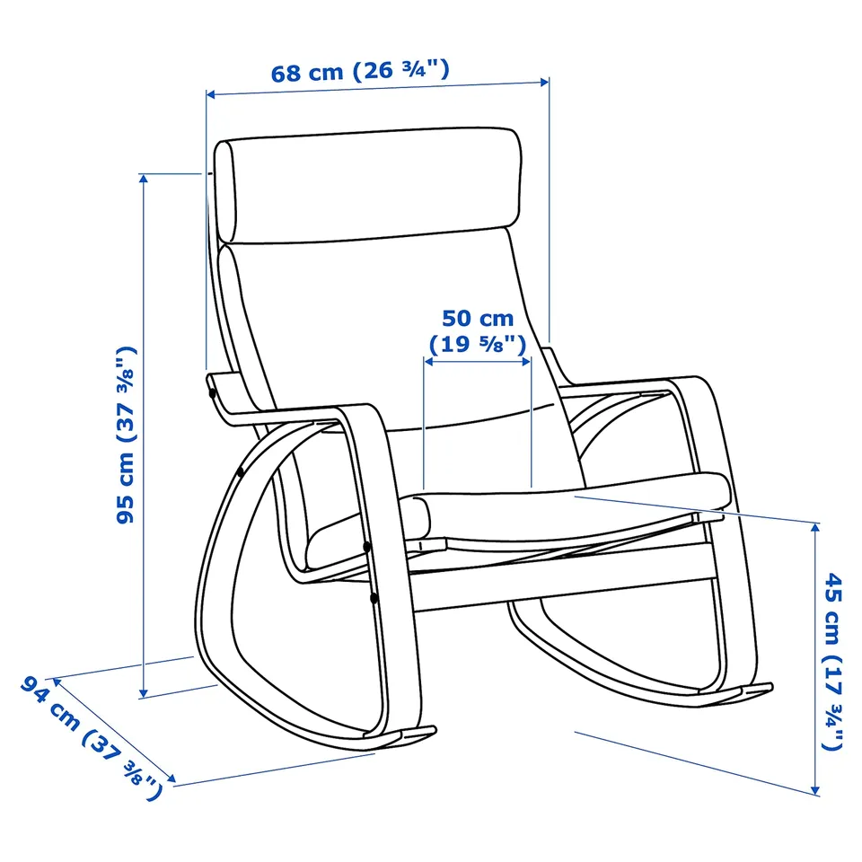 Illustration with measurements for the product: POÄNG.