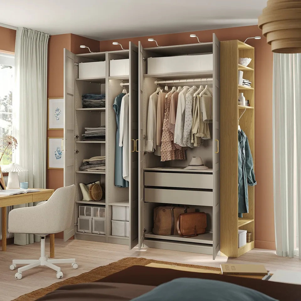 PAX / BERGSBO Wardrobe combination, grey-beige grey-beige/oak effect, 220x60x236 cm