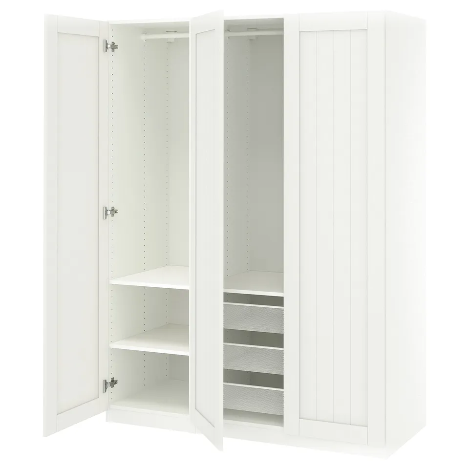 This image shows a white ikea PAX wardrobe with open doors, displaying interior shelves and a mesh basket.
