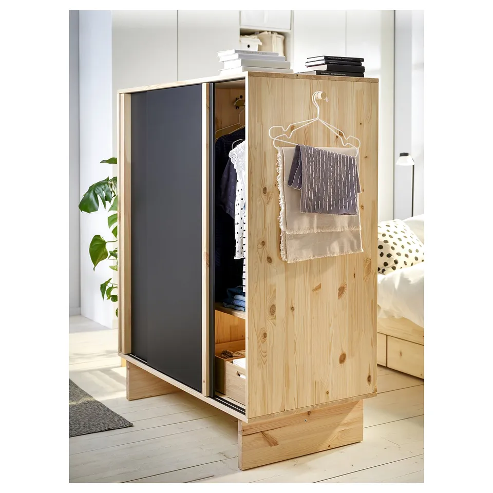 GLAMBERGET Wardrobe with 3 sliding doors, pine/black, 117x63x150 cm