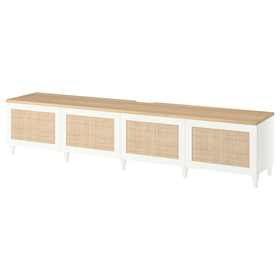 BESTÅ TV bench with doors, white/Studsviken/Kabbarp woven poplar, 240x42x50 cm