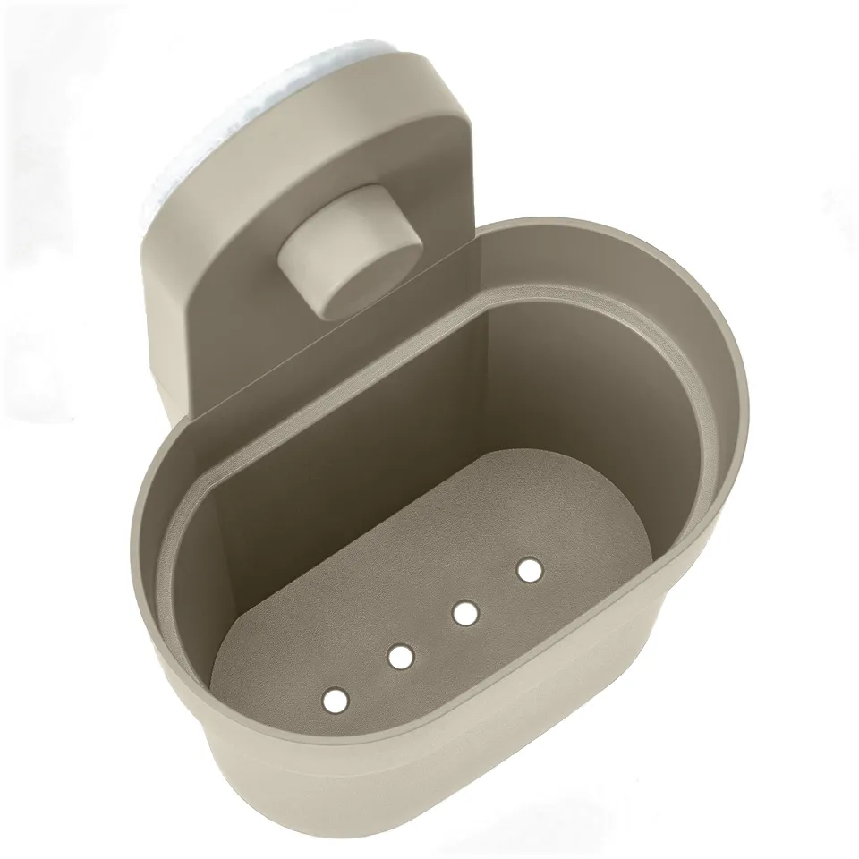Modern beige organiser with curved edges, three drainage holes, and secure suction cup lid open.