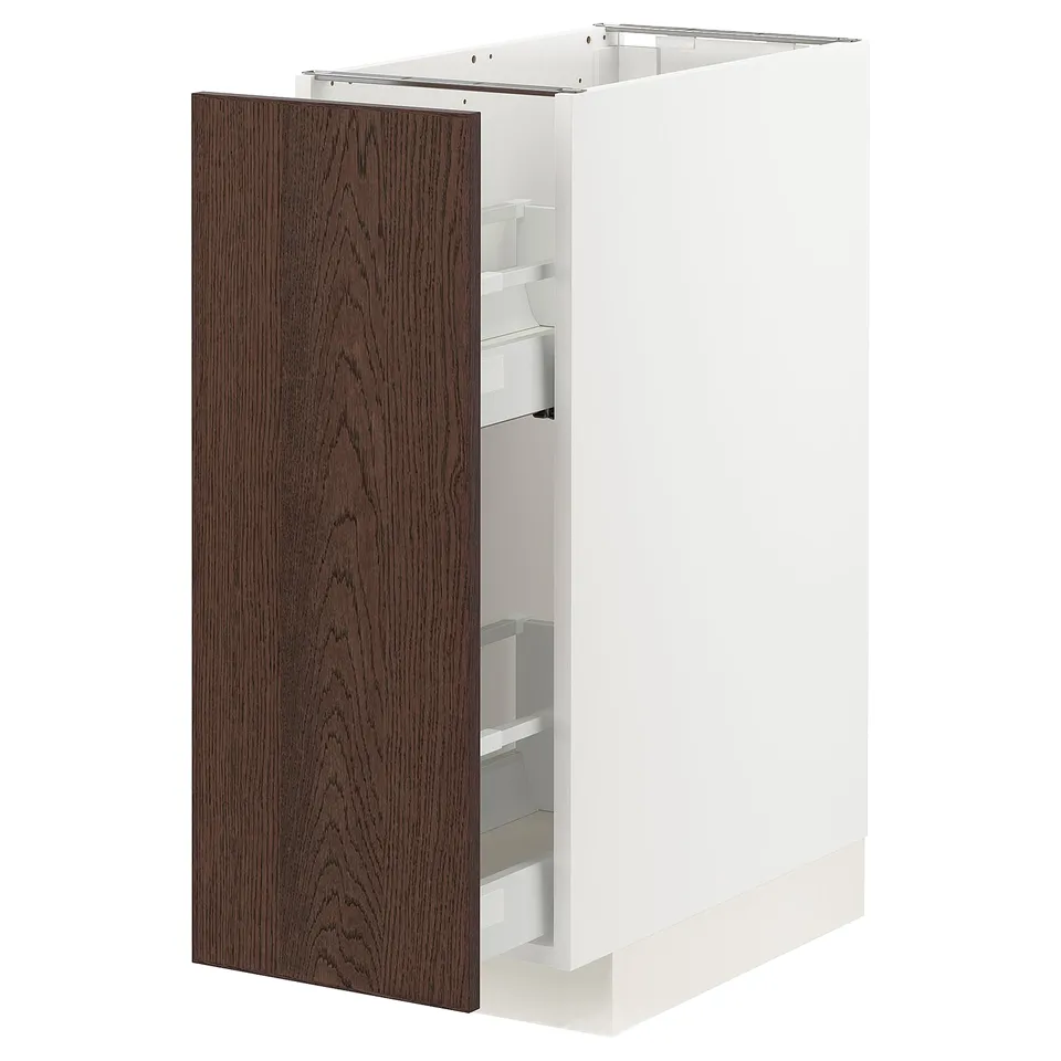 METOD kitchen unit, white with dark brown door, oak veneer, open design, pull-out shelves.